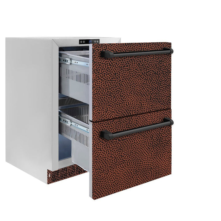 ZLINE 24 in. Touchstone 168 Can Outdoor-Rated Dual Refrigerator Drawer with Hand Hammered Copper Doors (RDSO-HH-24)