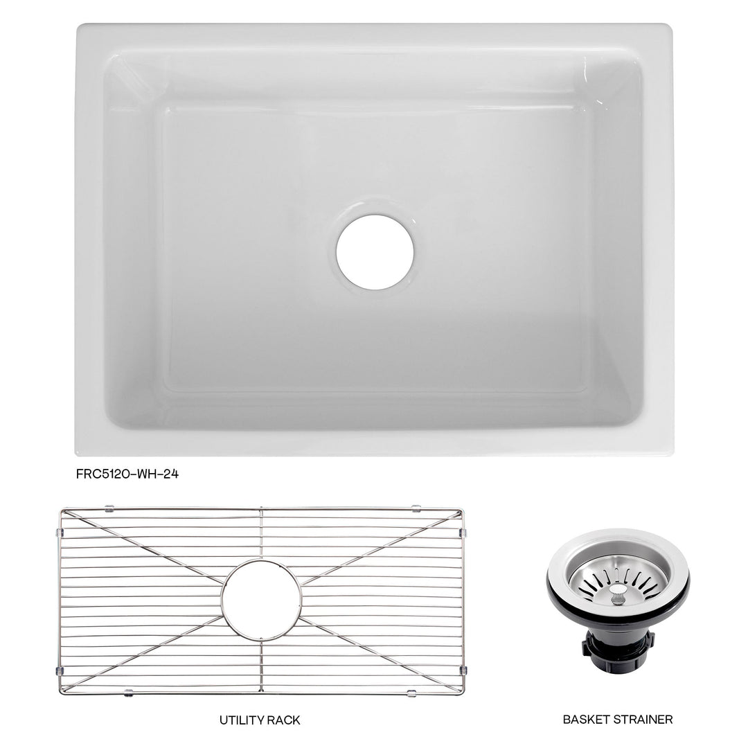 ZLINE 24 in. Venice Farmhouse Apron Front Reversible Single Bowl Fireclay Kitchen Sink with Bottom Grid in White Gloss (FRC5120-WH-24)
