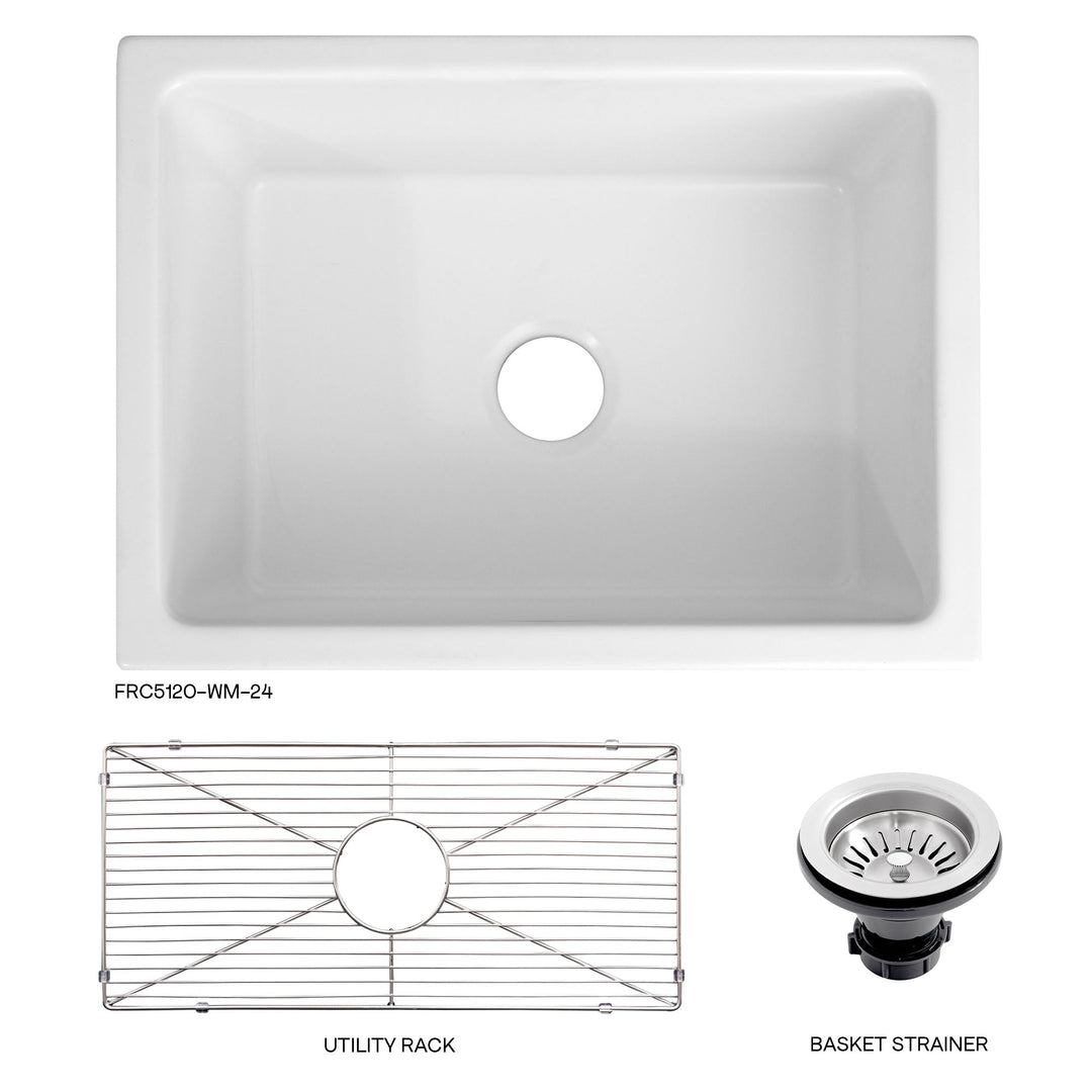 ZLINE 24 in. Venice Farmhouse Apron Front Reversible Single Bowl Fireclay Kitchen Sink with Bottom Grid in White Matte (FRC5120-WM-24)