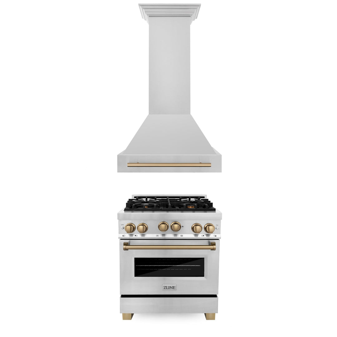 ZLINE 30" Autograph Edition Kitchen Package with Stainless Steel Gas Range and Range Hood with Champagne Bronze Accents (2AKP-RGRH30-CB)