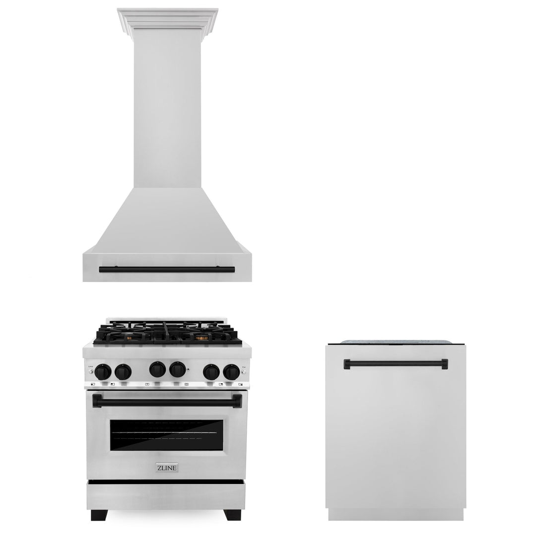 ZLINE 30" Autograph Edition Kitchen Package with Stainless Steel Gas Range, Range Hood and Dishwasher with Matte Black Accents (3AKP-RGRHDWM30-MB)