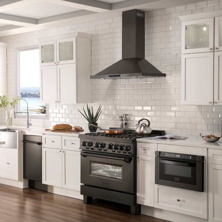 ZLINE 30" Convertible Wall Mount Range Hood in Black Stainless Steel with Set of 2 Charcoal Filters, LED lighting and Dishwasher-Safe Baffle Filters (BSKBN-CF-30)