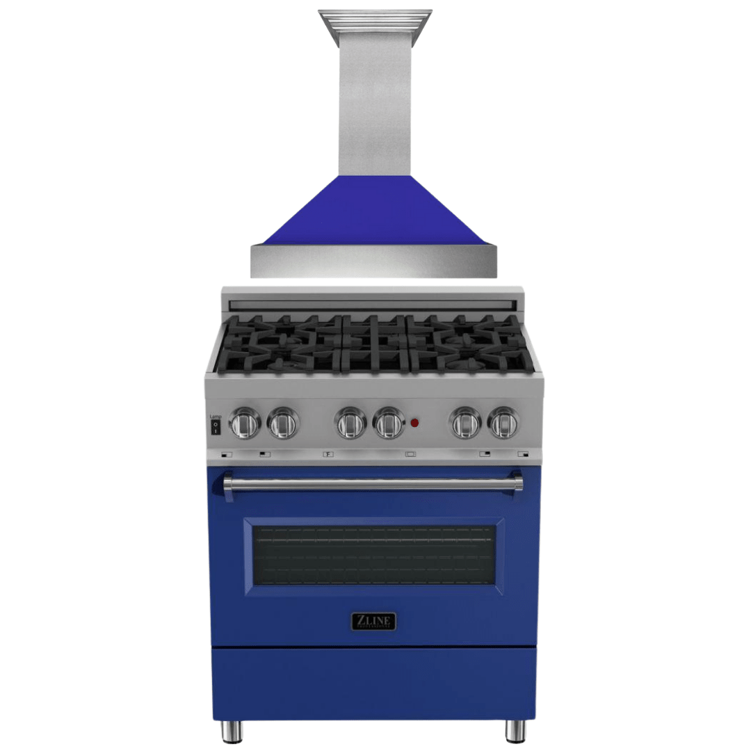 ZLINE 30" Dual Fuel Range in DuraSnow® with Blue Matte Door & 30" Range Hood Appliance Package, 2KP-RASBMRH30