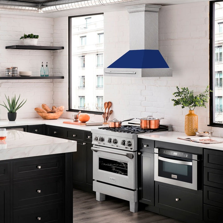 ZLINE 30" Fingerprint Resistant Stainless Steel Range Hood with Blue Gloss Shell (8654SNX-BG30)