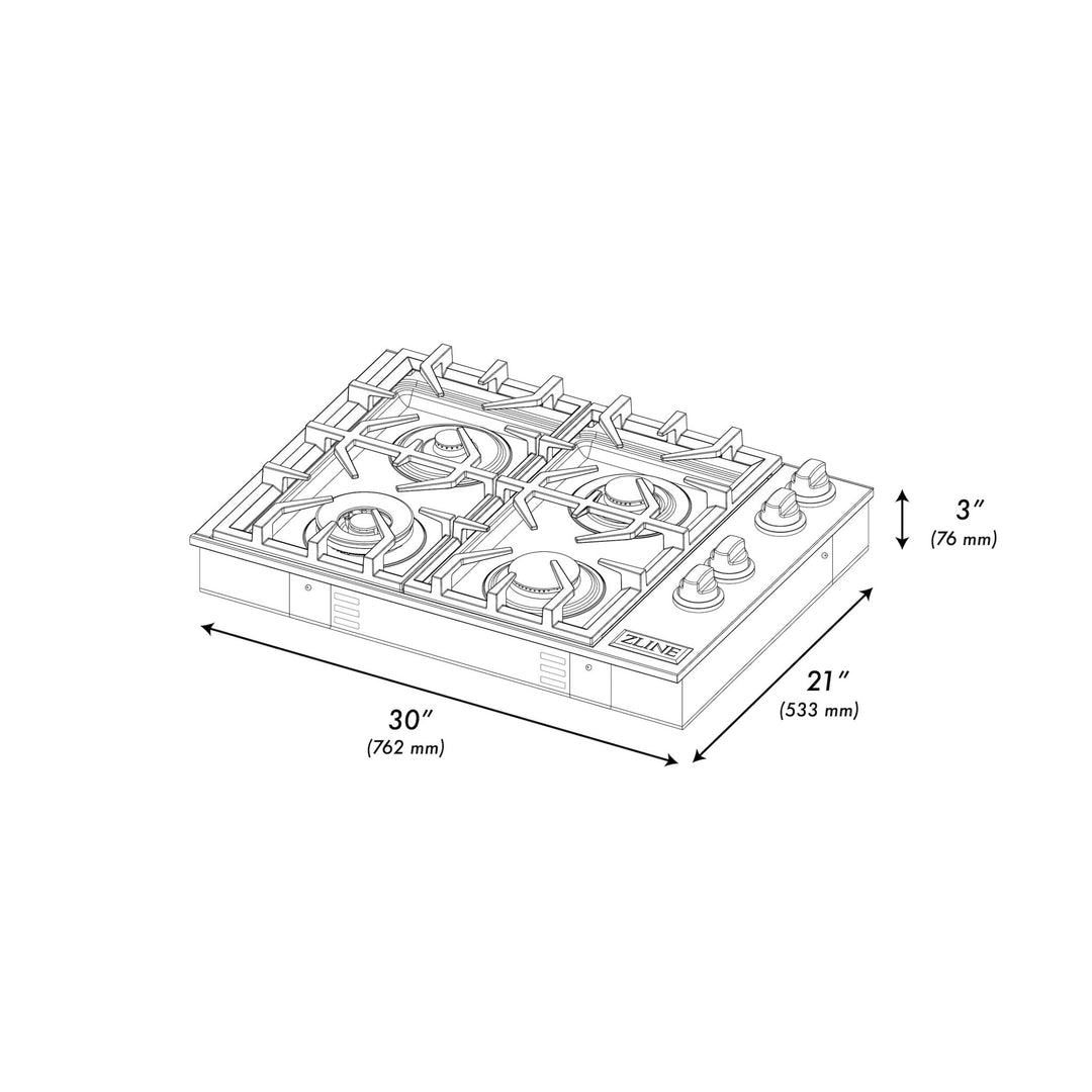 ZLINE 30" Gas Cooktop with 4 Gas Brass Burners and Black Porcelain Top (RC-BR-30-PBT)