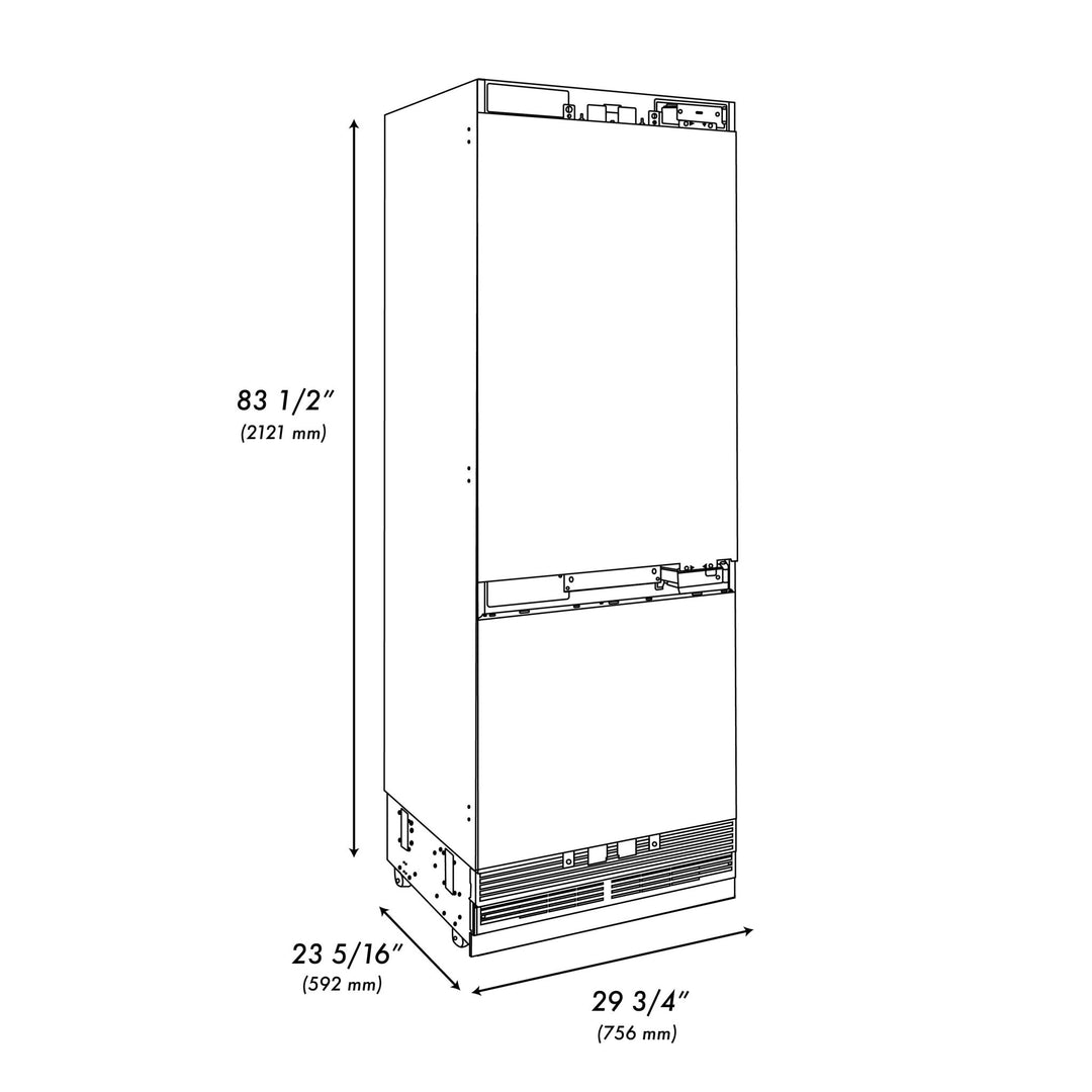 ZLINE 30 in. 16.1 cu. ft. Panel Ready Built-In Bottom Freezer Refrigerator with Water Dispenser and Ice Maker with Graphite Gray Interior (GRBIV-30)