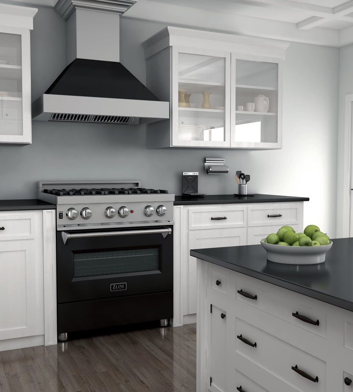 ZLINE 30 in. 4.0 cu. ft. Legacy Dual Fuel Range with 4 Burner Gas Cooktop and Electric Convection Oven in Satin Stainless Steel and Black Matte Door (RAS-BLM-30)