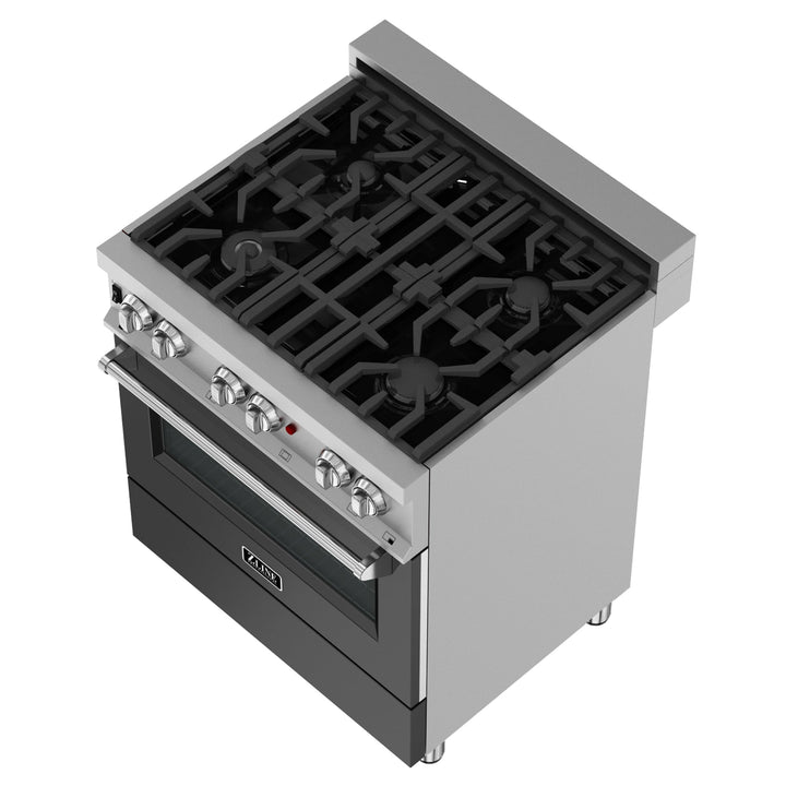 ZLINE 30 in. 4.0 cu. ft. Legacy Dual Fuel Range with 4 Burner Gas Cooktop and Electric Convection Oven in Satin Stainless Steel and Black Matte Door (RAS-BLM-30)