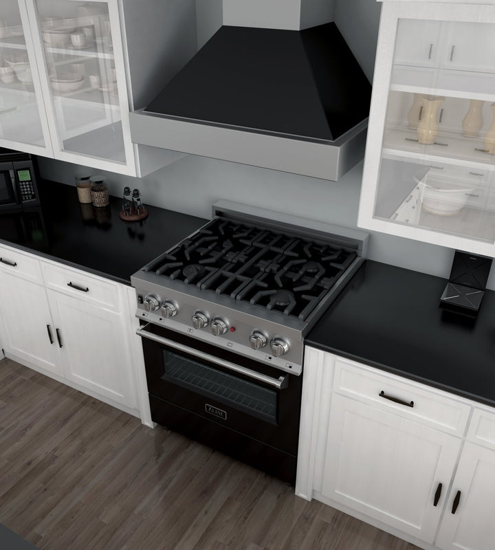 ZLINE 30 in. 4.0 cu. ft. Legacy Dual Fuel Range with 4 Burner Gas Cooktop and Electric Convection Oven in Satin Stainless Steel and Black Matte Door (RAS-BLM-30)