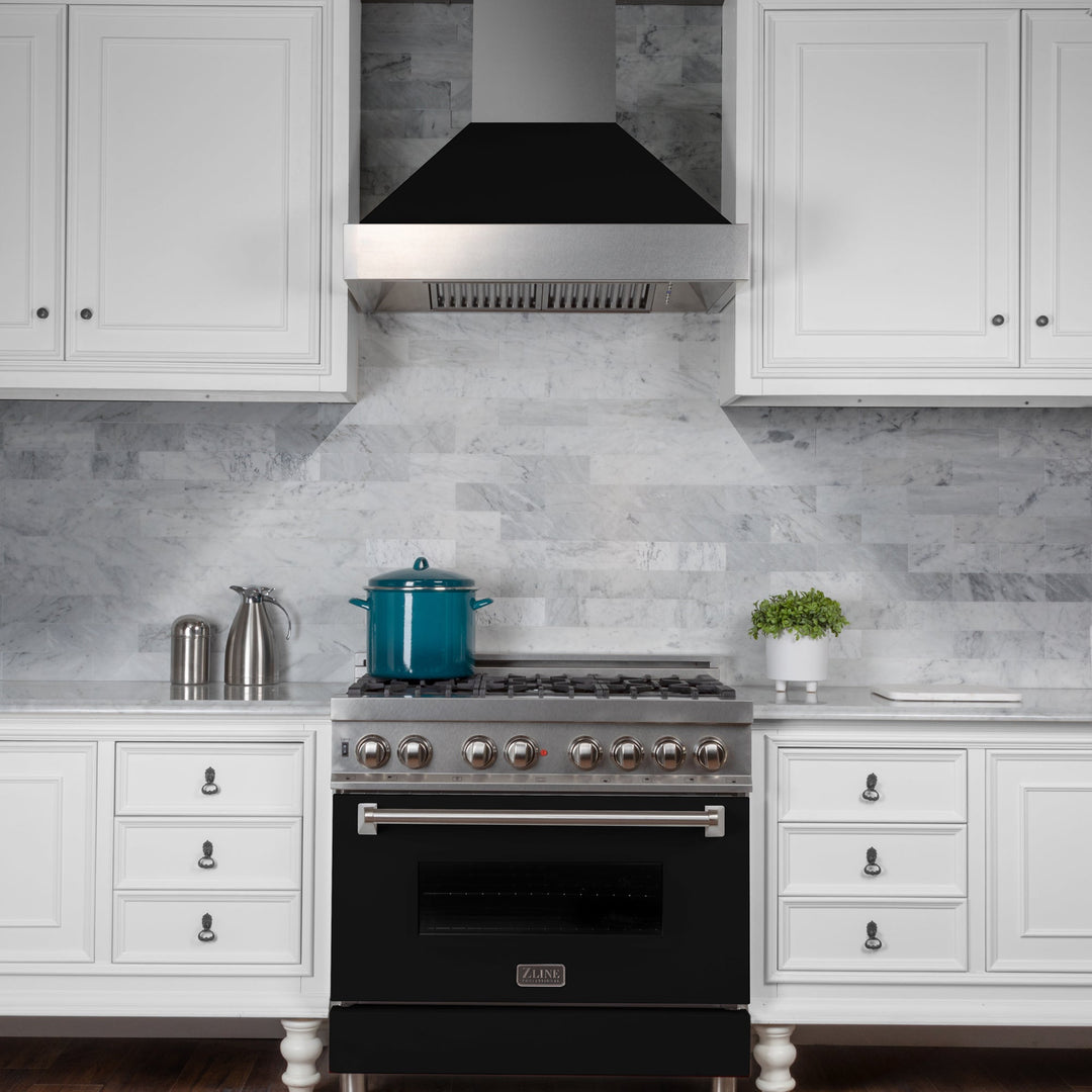 ZLINE 30 in. 4.0 cu. ft. Legacy Dual Fuel Range with 4 Burner Gas Cooktop and Electric Convection Oven in Satin Stainless Steel and Black Matte Door (RAS-BLM-30)