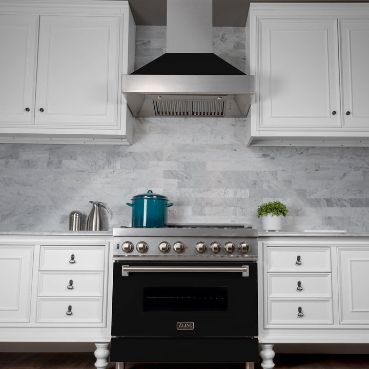 ZLINE 30 in. 4.0 cu. ft. Legacy Dual Fuel Range with 4 Burner Gas Cooktop and Electric Convection Oven in Satin Stainless Steel and Black Matte Door (RAS-BLM-30)