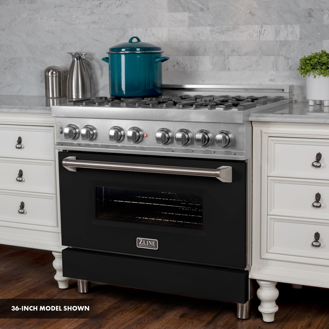 ZLINE 30 in. 4.0 cu. ft. Legacy Dual Fuel Range with 4 Burner Gas Cooktop and Electric Convection Oven in Satin Stainless Steel and Black Matte Door (RAS-BLM-30)