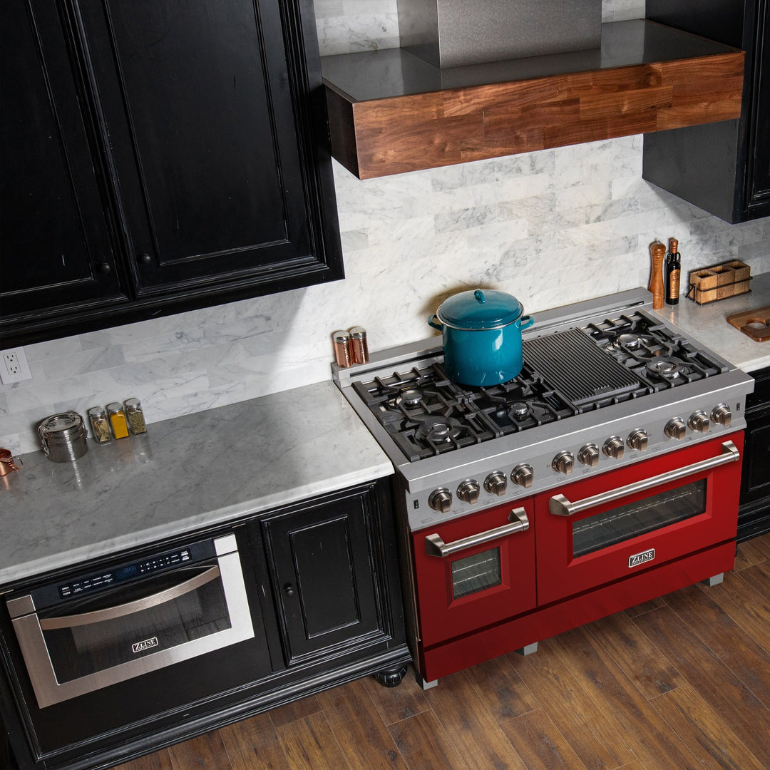 ZLINE 30 in. 4.0 cu. ft. Legacy Dual Fuel Range with 4 Burner Gas Cooktop and Electric Convection Oven in Satin Stainless Steel and Red Matte Door (RAS-RM-30)