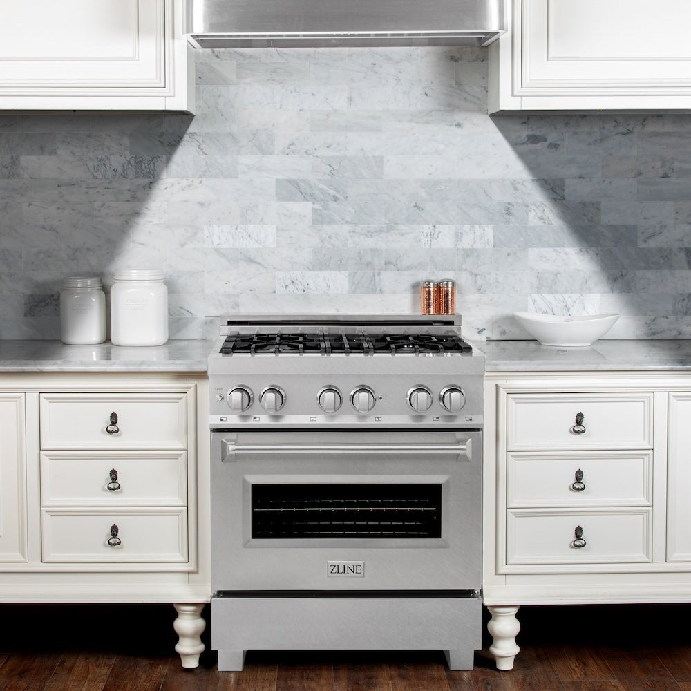 ZLINE 30 in. 4.0 cu. ft. Legacy Dual Fuel Range with 4 Burner Gas Cooktop and Electric Convection Oven in Satin Stainless Steel (RAS-SN-30)