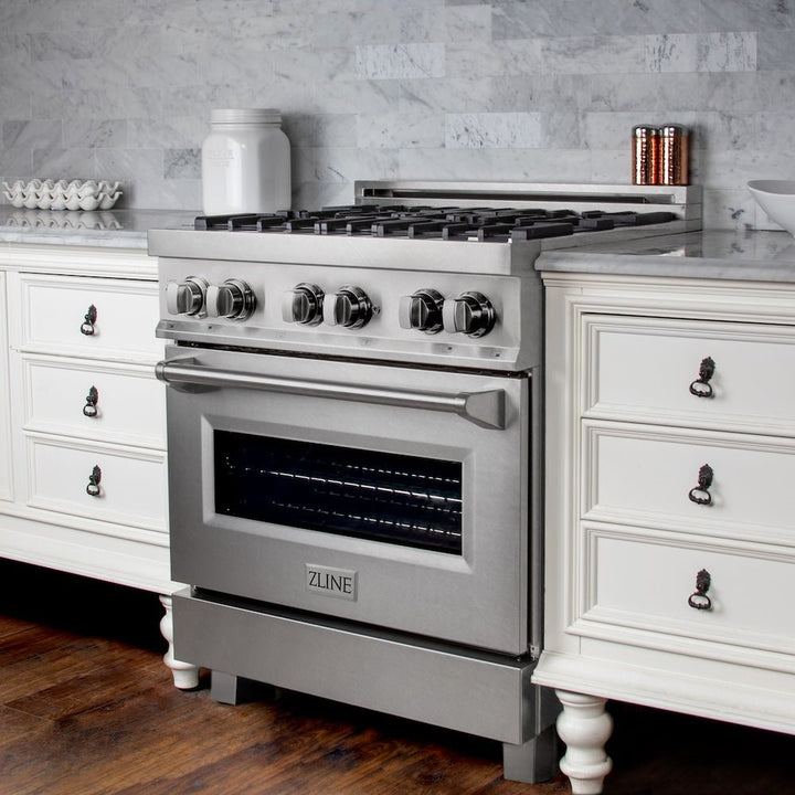 ZLINE 30 in. 4.0 cu. ft. Legacy Dual Fuel Range with 4 Burner Gas Cooktop and Electric Convection Oven in Satin Stainless Steel (RAS-SN-30)
