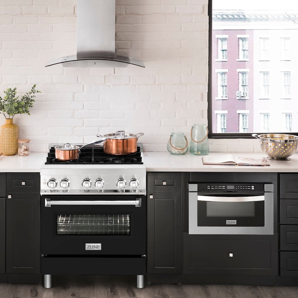 ZLINE 30 in. 4.0 cu. ft. Legacy Dual Fuel Range with 4 Burner Gas Cooktop and Electric Convection Oven in Stainless Steel and Black Matte Door (RA-BLM-30)