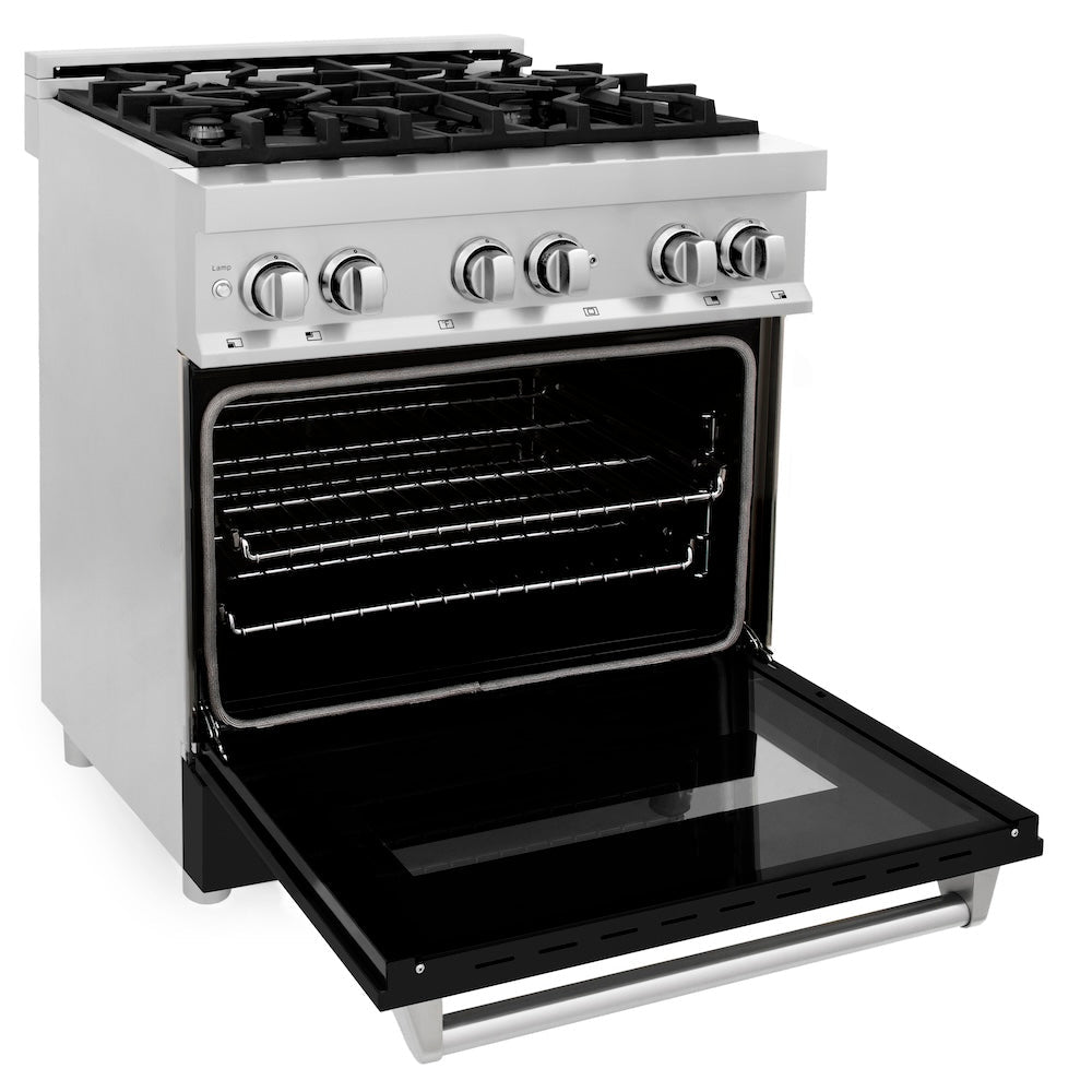 ZLINE 30 in. 4.0 cu. ft. Legacy Dual Fuel Range with 4 Burner Gas Cooktop and Electric Convection Oven in Stainless Steel and Black Matte Door (RA-BLM-30)