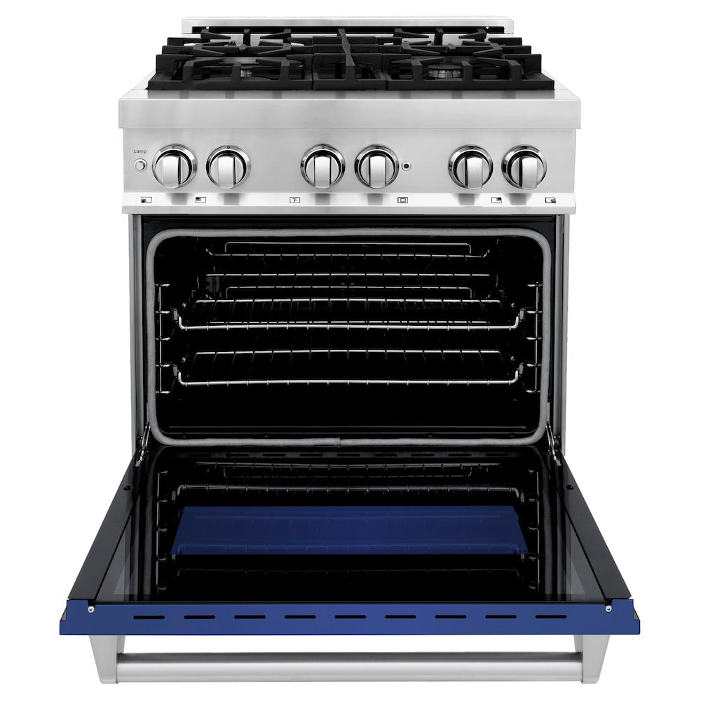 ZLINE 30 in. 4.0 cu. ft. Legacy Dual Fuel Range with 4 Burner Gas Cooktop and Electric Convection Oven in Stainless Steel and Blue Matte Door (RA-BM-30)