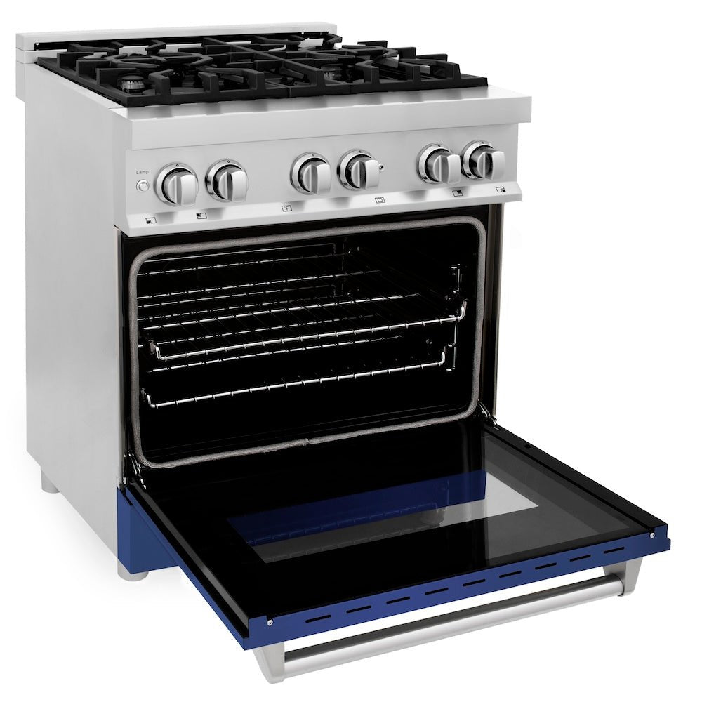 ZLINE 30 in. 4.0 cu. ft. Legacy Dual Fuel Range with 4 Burner Gas Cooktop and Electric Convection Oven in Stainless Steel and Blue Matte Door (RA-BM-30)