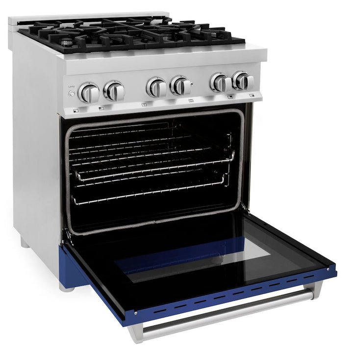 ZLINE 30 in. 4.0 cu. ft. Legacy Dual Fuel Range with 4 Burner Gas Cooktop and Electric Convection Oven in Stainless Steel and Blue Matte Door (RA-BM-30)