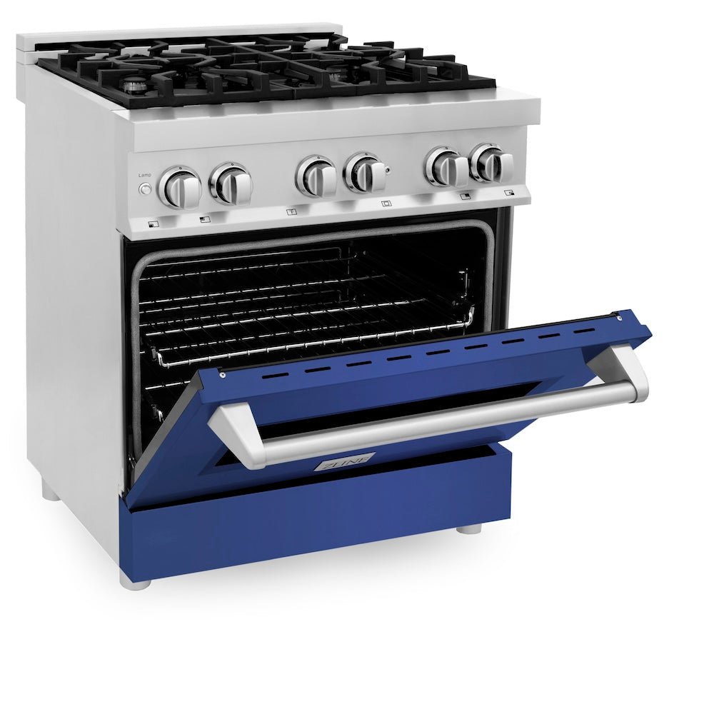 ZLINE 30 in. 4.0 cu. ft. Legacy Dual Fuel Range with 4 Burner Gas Cooktop and Electric Convection Oven in Stainless Steel and Blue Matte Door (RA-BM-30)