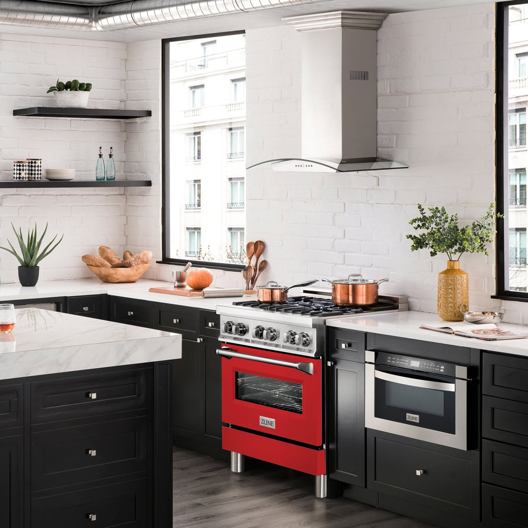ZLINE 30 in. 4.0 cu. ft. Legacy Dual Fuel Range with 4 Burner Gas Cooktop and Electric Convection Oven in Stainless Steel and Red Matte Door (RA-RM-30)