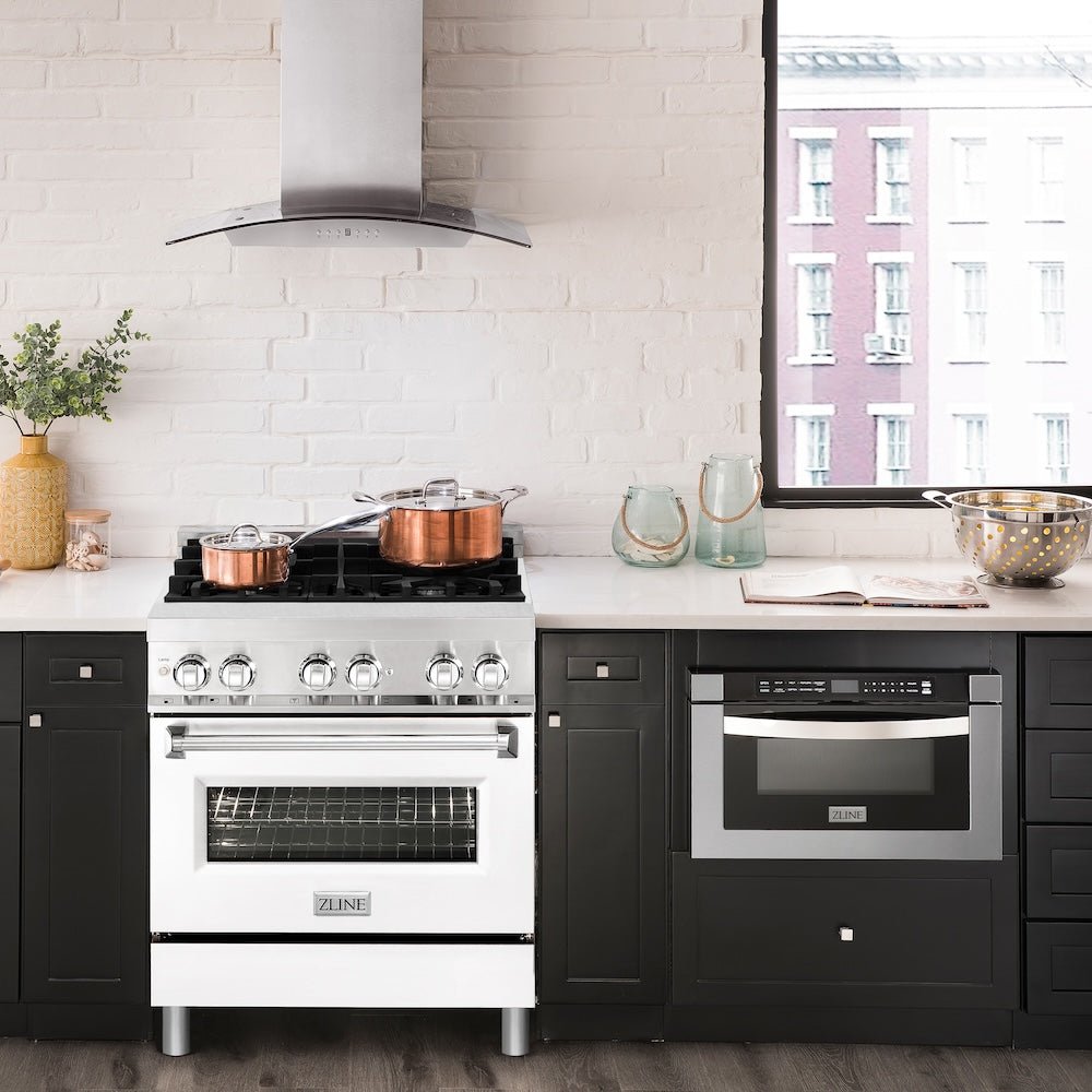 ZLINE 30 in. 4.0 cu. ft. Legacy Dual Fuel Range with 4 Burner Gas Cooktop and Electric Convection Oven in Stainless Steel and White Matte Door (RA-WM-30)