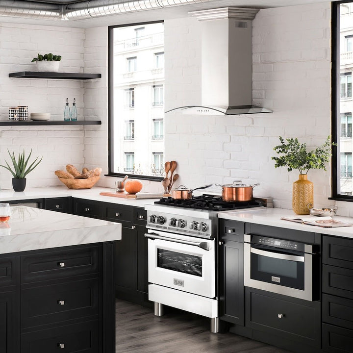 ZLINE 30 in. 4.0 cu. ft. Legacy Dual Fuel Range with 4 Burner Gas Cooktop and Electric Convection Oven in Stainless Steel and White Matte Door (RA-WM-30)