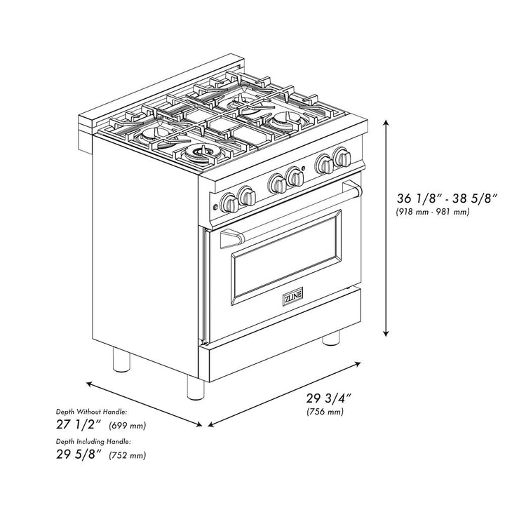 ZLINE 30 in. 4.0 cu. ft. Legacy Dual Fuel Range with 4 Burner Gas Cooktop and Electric Convection Oven in Stainless Steel and White Matte Door (RA-WM-30)