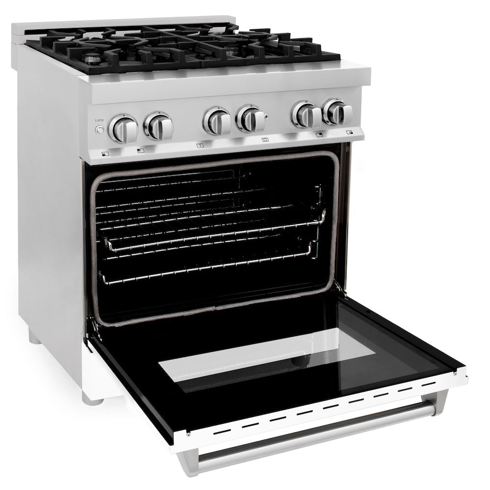 ZLINE 30 in. 4.0 cu. ft. Legacy Dual Fuel Range with 4 Burner Gas Cooktop and Electric Convection Oven in Stainless Steel and White Matte Door (RA-WM-30)