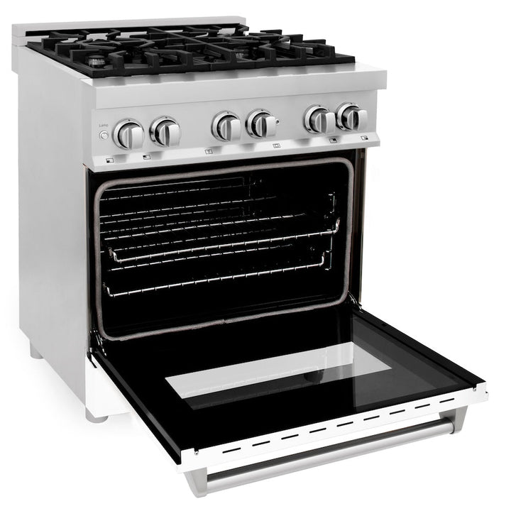 ZLINE 30 in. 4.0 cu. ft. Legacy Dual Fuel Range with 4 Burner Gas Cooktop and Electric Convection Oven in Stainless Steel and White Matte Door (RA-WM-30)