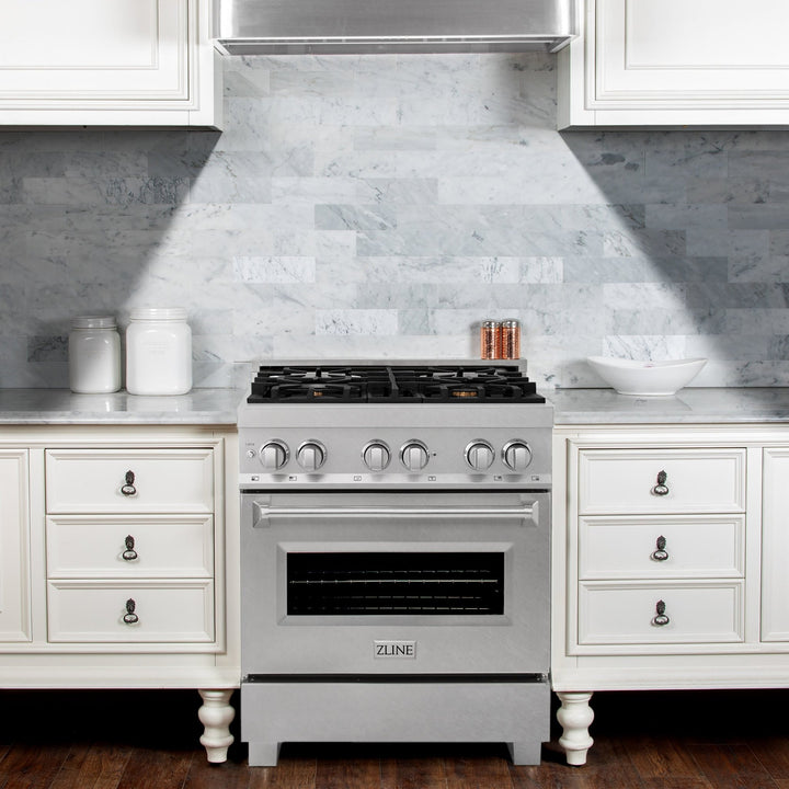 ZLINE 30 in. 4.0 cu. ft. Legacy Dual Fuel Range with Gas Cooktop and Electric Convection Oven in Satin Stainless Steel with 4 Brass Burners (RAS-SN-BR-30)