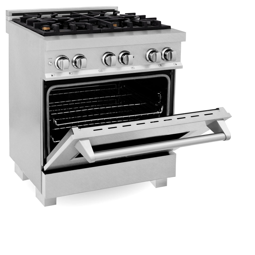 ZLINE 30 in. 4.0 cu. ft. Legacy Dual Fuel Range with Gas Cooktop and Electric Convection Oven in Satin Stainless Steel with 4 Brass Burners (RAS-SN-BR-30)