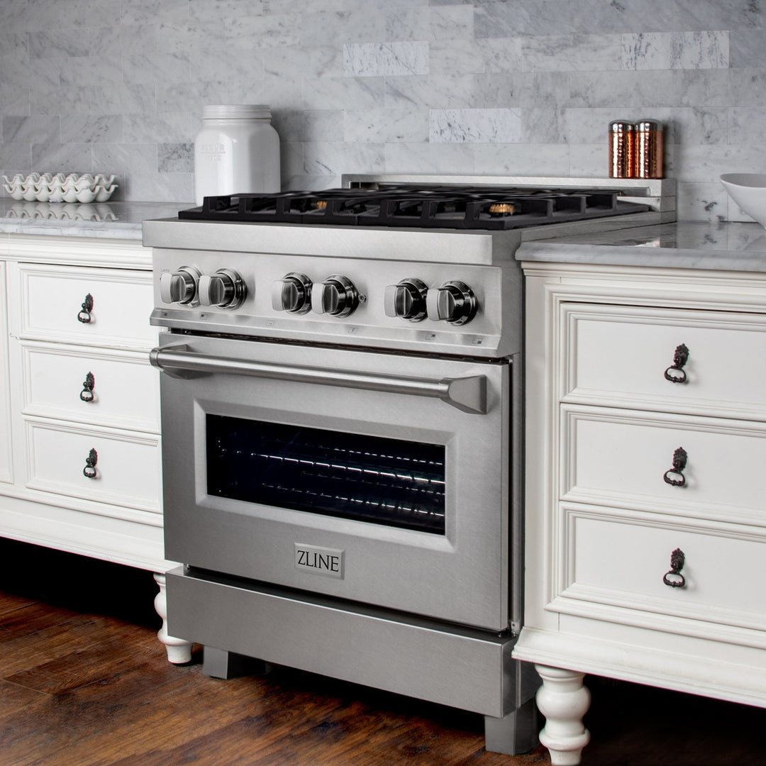 ZLINE 30 in. 4.0 cu. ft. Legacy Dual Fuel Range with Gas Cooktop and Electric Convection Oven in Satin Stainless Steel with 4 Brass Burners (RAS-SN-BR-30)