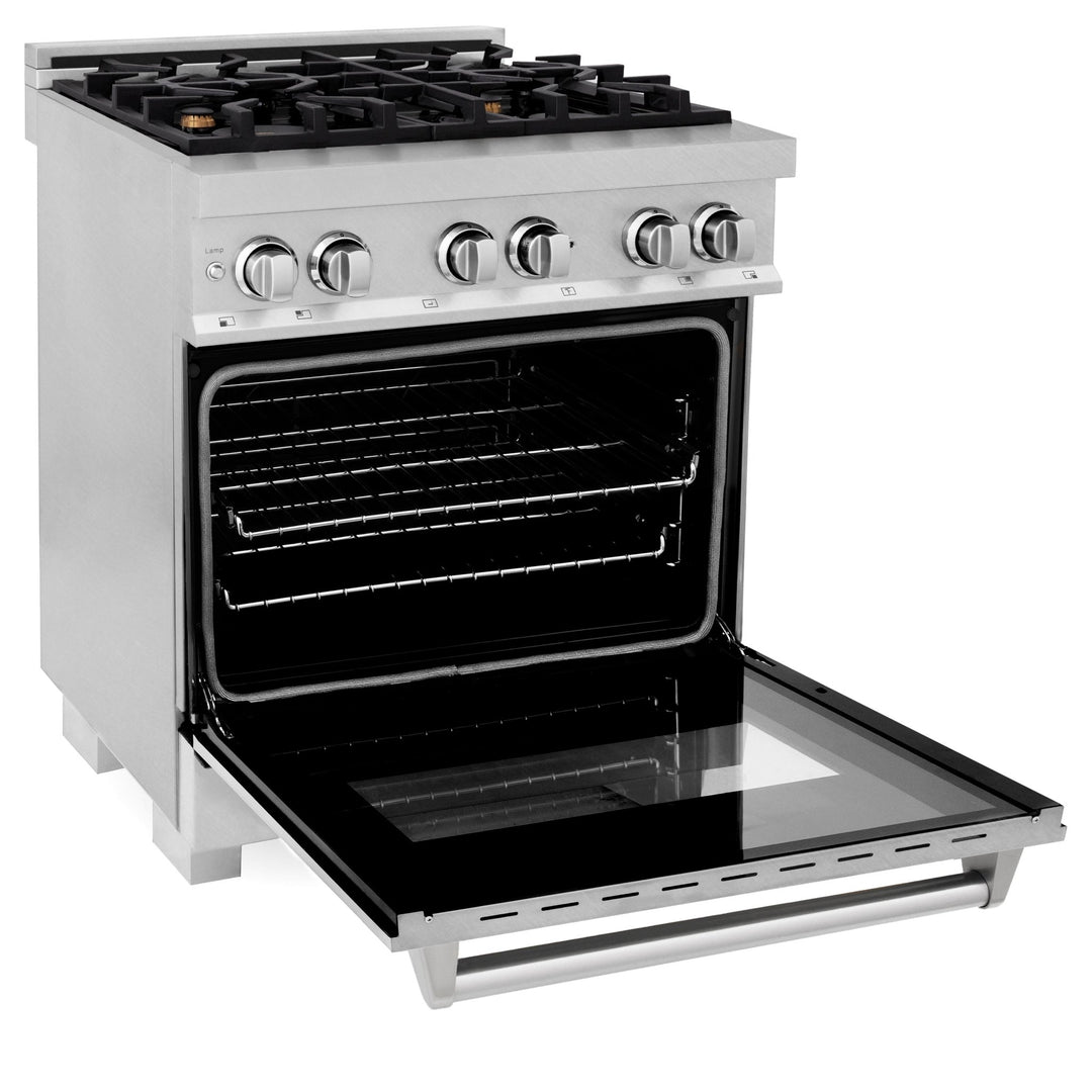 ZLINE 30 in. 4.0 cu. ft. Legacy Dual Fuel Range with Gas Cooktop and Electric Convection Oven in Satin Stainless Steel with 4 Brass Burners (RAS-SN-BR-30)