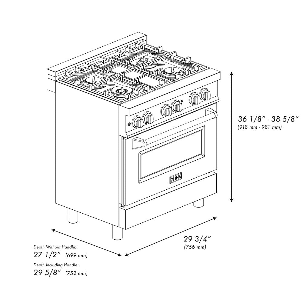 ZLINE 30 in. 4.0 cu. ft. Legacy Dual Fuel Range with Gas Cooktop and Electric Convection Oven in Stainless Steel with 4 Brass Burners (RA-BR-30)
