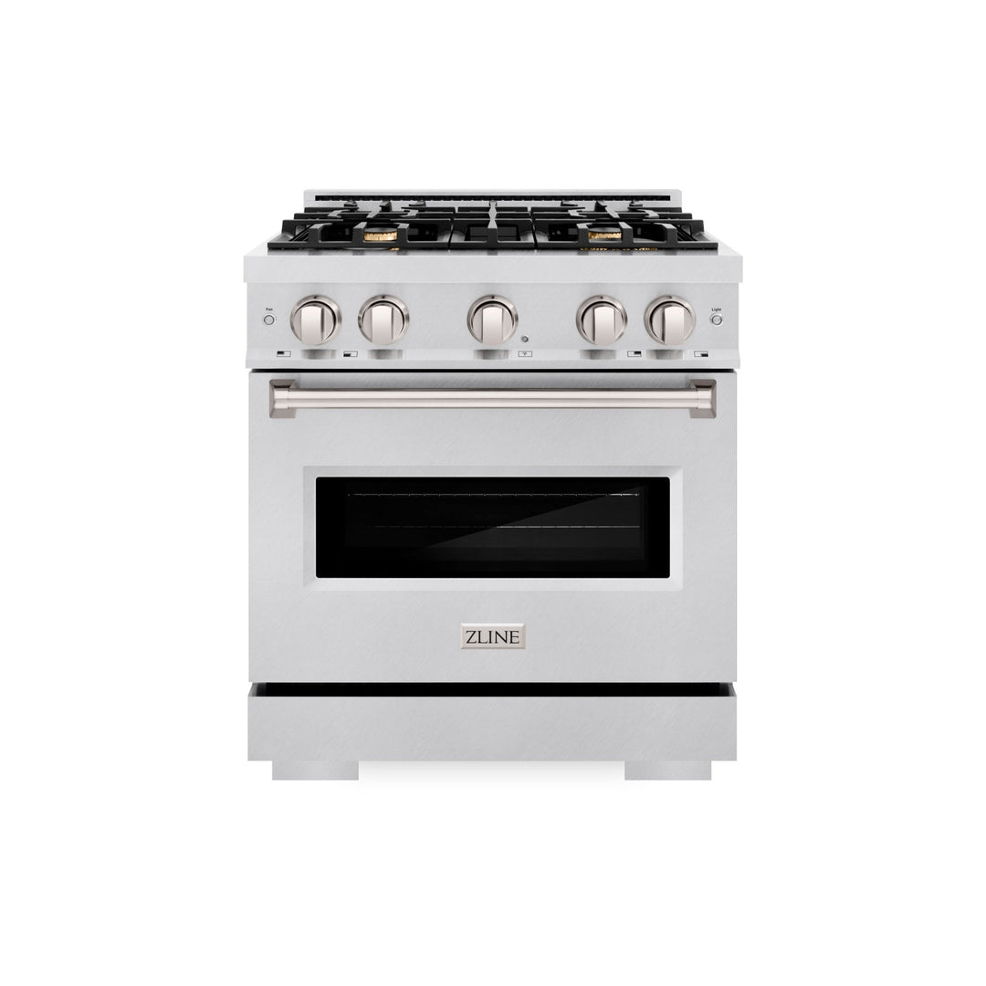ZLINE 30 in. 4.2 cu. ft. Classic Dual Fuel Range with Gas Cooktop and Electric Convection Oven in Satin Stainless Steel with 4 Brass Burners (CDRS-BR-30)