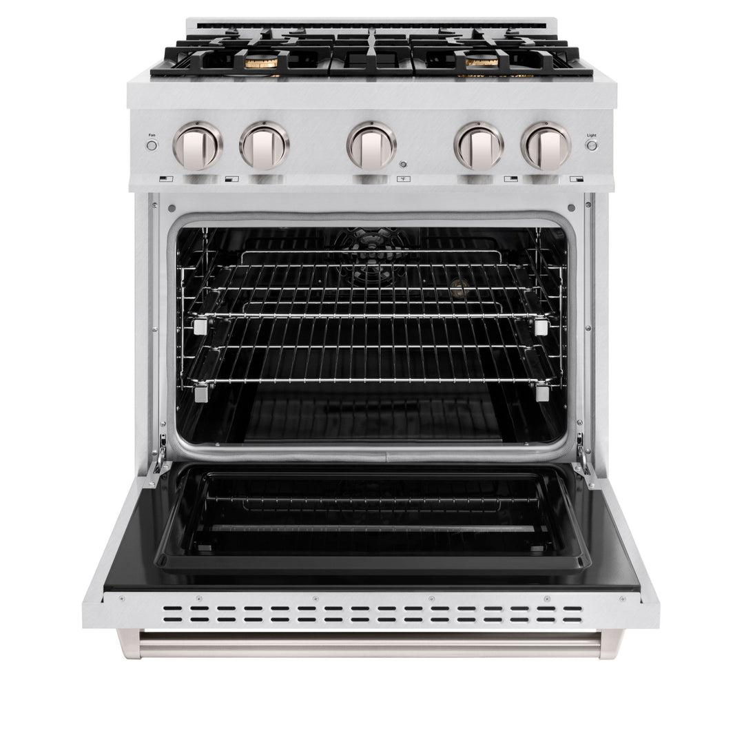 ZLINE 30 in. 4.2 cu. ft. Classic Dual Fuel Range with Gas Cooktop and Electric Convection Oven in Satin Stainless Steel with 4 Brass Burners (CDRS-BR-30)