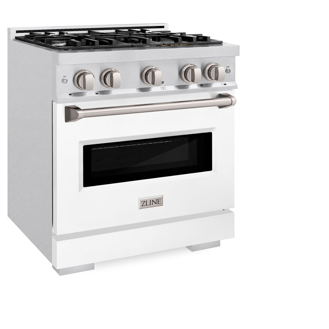 ZLINE 30 in. 4.2 cu. ft. Classic Gas Range with 4 Burner Cooktop and Convection Gas Oven in Satin Stainless Steel with White Matte Door (CGRS-WM-30)
