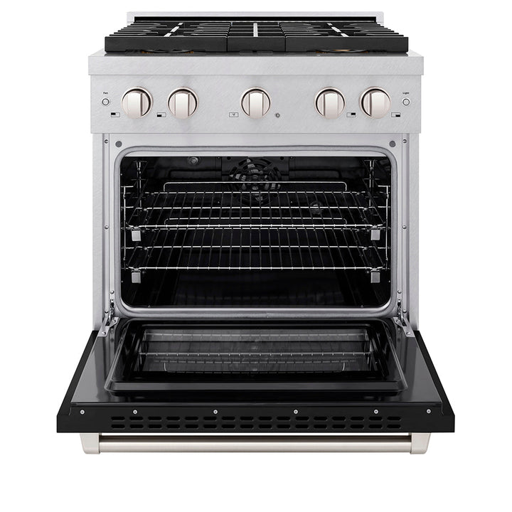 ZLINE 30 in. 4.2 cu. ft. Paramount Dual Fuel Range with 4 Burner DuoProâ„¢ Cooktop and Electric Convection Oven in Satin Stainless Steel with Black Matte Door (PSDRS-BLM-30)