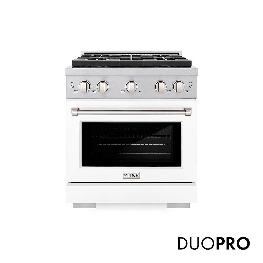 ZLINE 30 in. 4.2 cu. ft. Paramount Dual Fuel Range with 4 Burner DuoProâ„¢ Cooktop and Electric Convection Oven in Satin Stainless Steel with White Matte Door (PSDRS-WM-30)