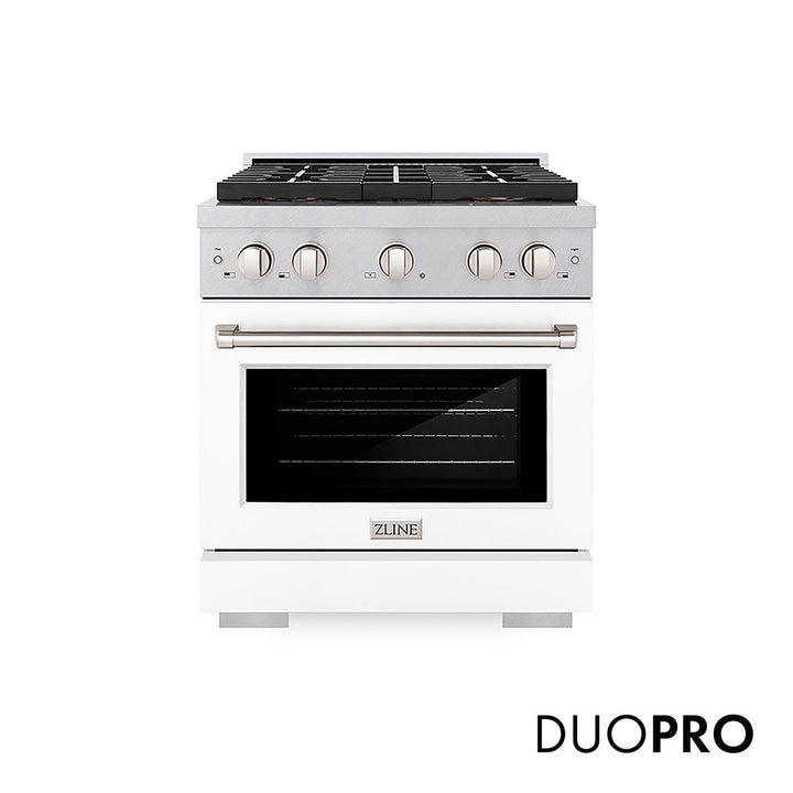 ZLINE 30 in. 4.2 cu. ft. Paramount Dual Fuel Range with 4 Burner DuoProâ„¢ Cooktop and Electric Convection Oven in Satin Stainless Steel with White Matte Door (PSDRS-WM-30)