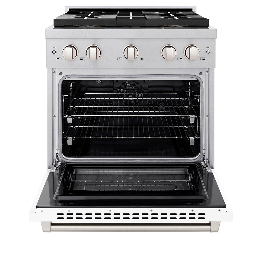 ZLINE 30 in. 4.2 cu. ft. Paramount Dual Fuel Range with 4 Burner DuoProâ„¢ Cooktop and Electric Convection Oven in Satin Stainless Steel with White Matte Door (PSDRS-WM-30)