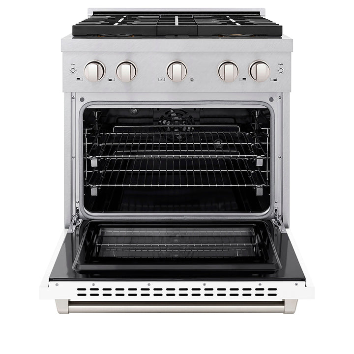 ZLINE 30 in. 4.2 cu. ft. Paramount Dual Fuel Range with 4 Burner DuoProâ„¢ Cooktop and Electric Convection Oven in Satin Stainless Steel with White Matte Door (PSDRS-WM-30)