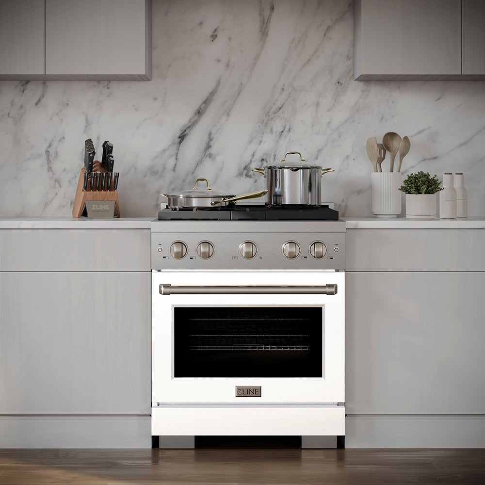 ZLINE 30 in. 4.2 cu. ft. Paramount Dual Fuel Range with 4 Burner DuoProâ„¢ Cooktop and Electric Convection Oven with White Matte Door (PSDR-WM-30)