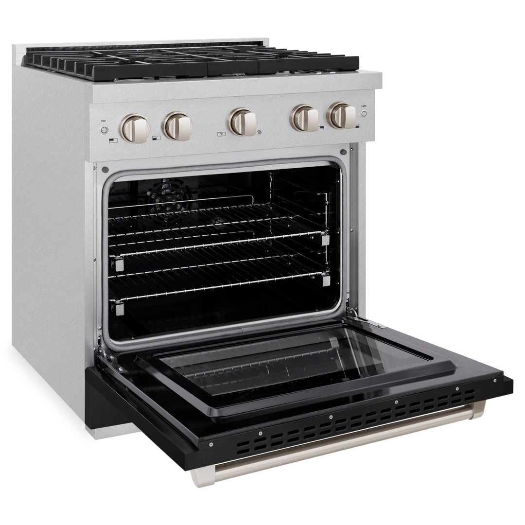ZLINE 30 in. 4.2 cu. ft. Paramount Dual Fuel Range with 4 Burner Gas Cooktop and Electric Convection Oven in Satin Stainless Steel with Black Matte Door (SDRS-BLM-30)