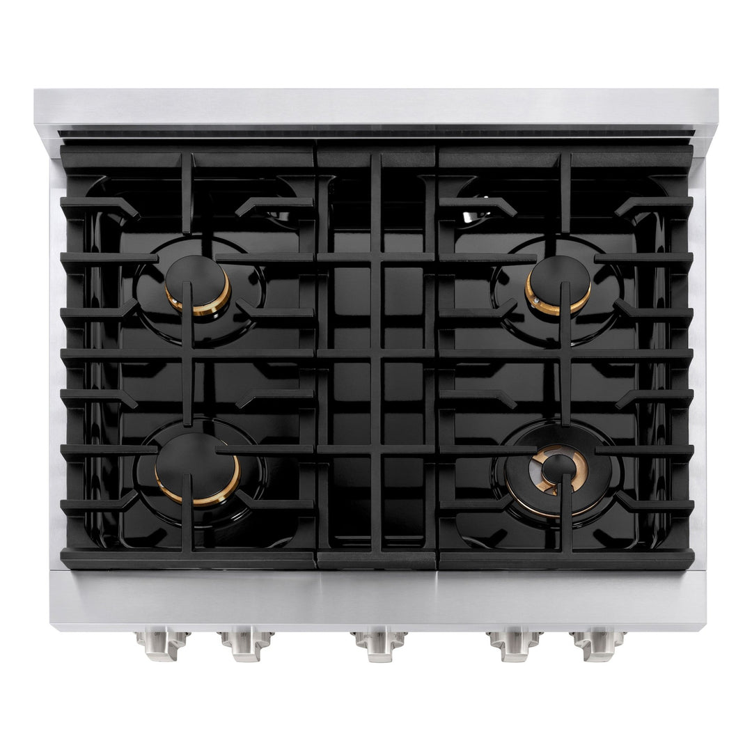 ZLINE 30 in. 4.2 cu. ft. Paramount Dual Fuel Range with Gas Cooktop and Electric Convection Oven in Stainless Steel with 4 Brass Burners (SDR-BR-30)