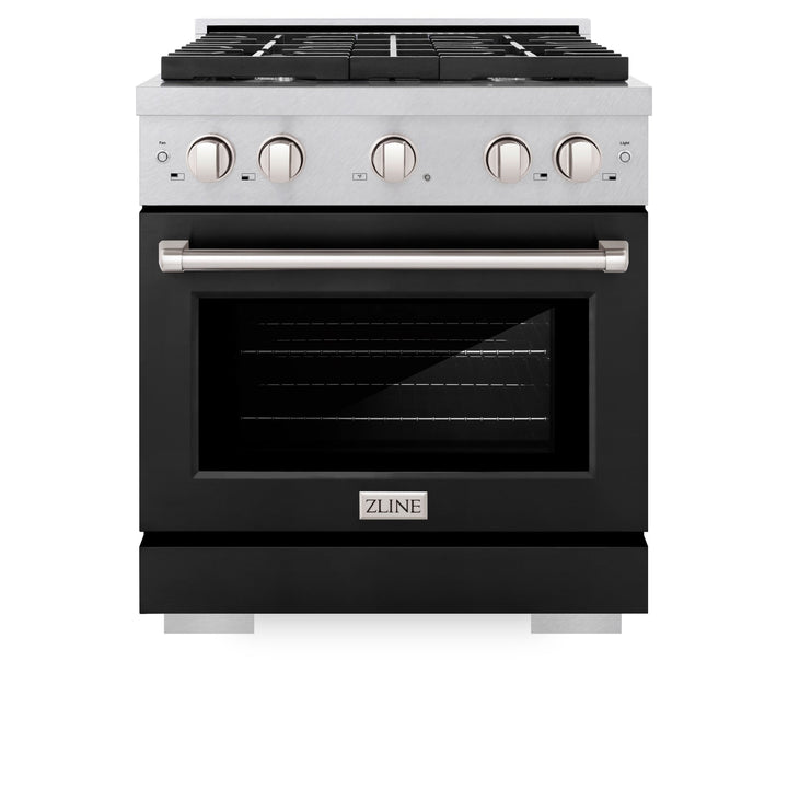 ZLINE 30 in. 4.2 cu. ft. Paramount Gas Range with 4 Burner Cooktop and Convection Gas Oven in Satin Stainless Steel with Black Matte Door (SGRS-BLM-30)