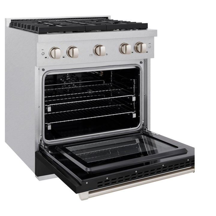 ZLINE 30 in. 4.2 cu. ft. Paramount Gas Range with 4 Burner Cooktop and Convection Gas Oven in Satin Stainless Steel with Black Matte Door (SGRS-BLM-30)