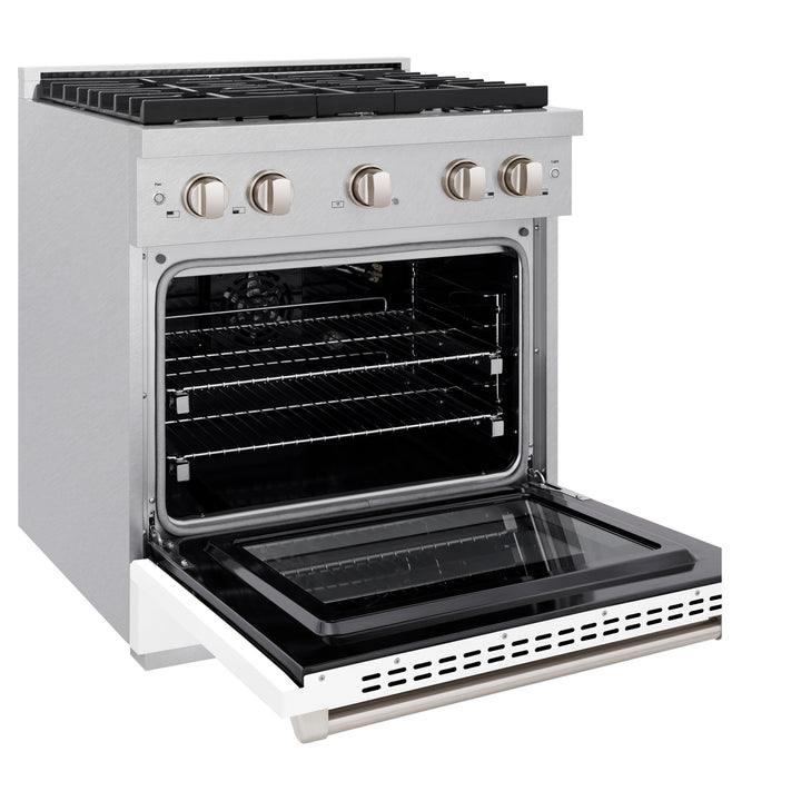 ZLINE 30 in. 4.2 cu. ft. Paramount Gas Range with 4 Burner Cooktop and Convection Gas Oven in Satin Stainless Steel with White Matte Door (SGRS-WM-30)